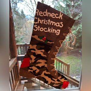 Redneck Camo Christmas Stocking. 15 in. long x 6.5 wide. Durable canvas cotton.